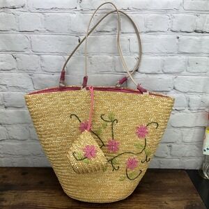 Large Straw Tote Beach Bag Pink Daisies Made With Natural Fibers W Change Purse